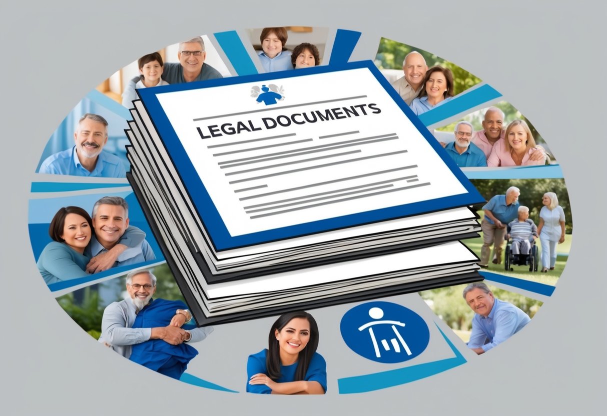 A stack of legal documents surrounded by images of family members and symbols representing special needs support
