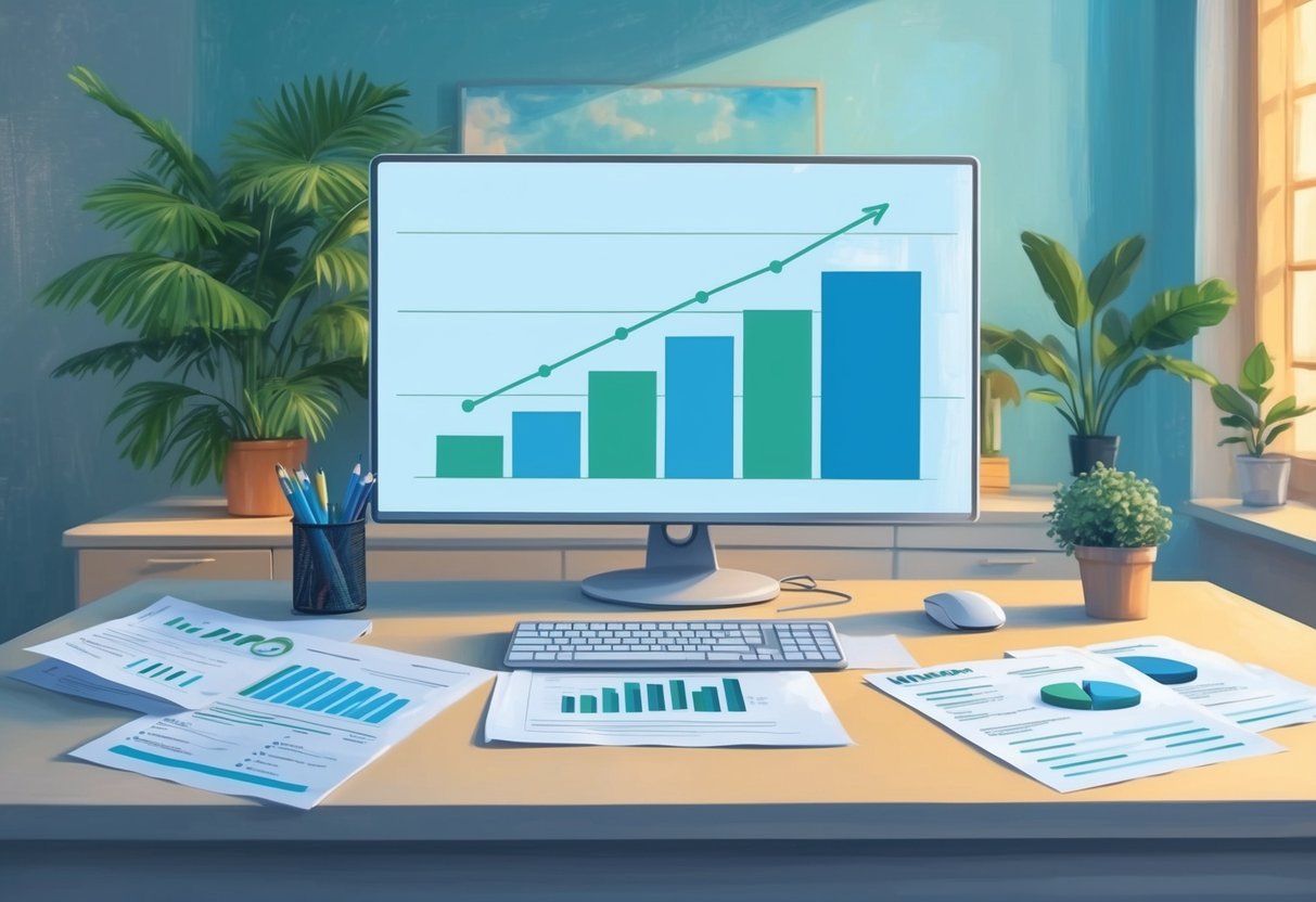 A serene office setting with a desk, computer, and financial documents. A graph shows increasing passive business income