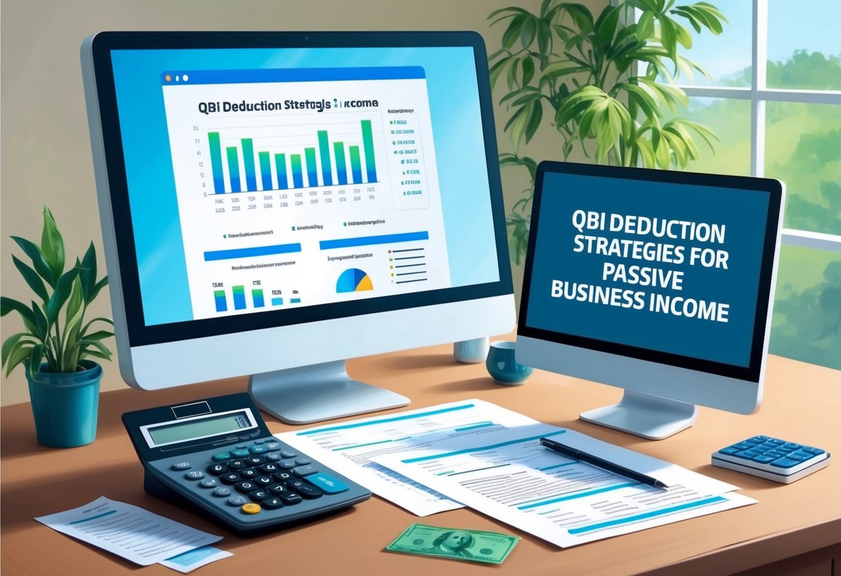 A serene office setting with a calculator, financial documents, and a computer screen displaying QBI deduction strategies for passive business income