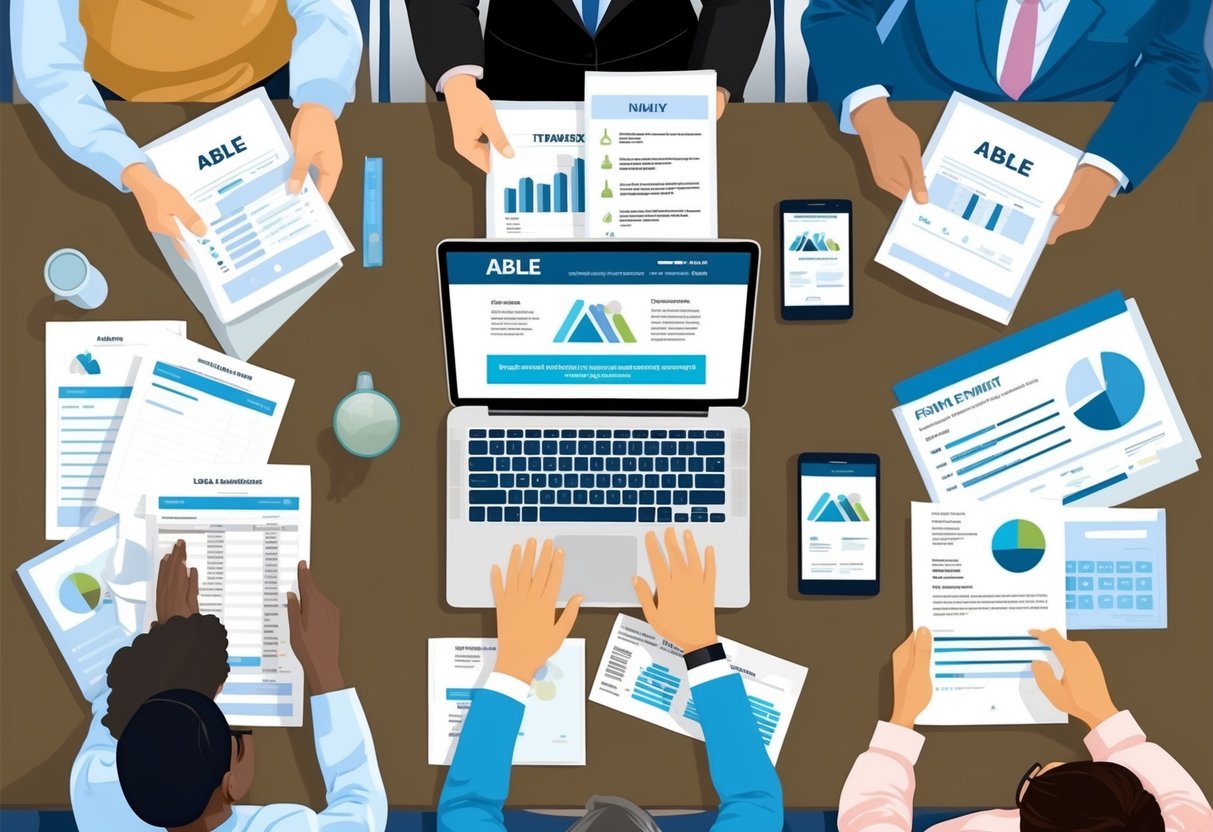 A family sits around a table with legal documents, financial statements, and a laptop open to a website about ABLE accounts and estate planning for special needs dependents