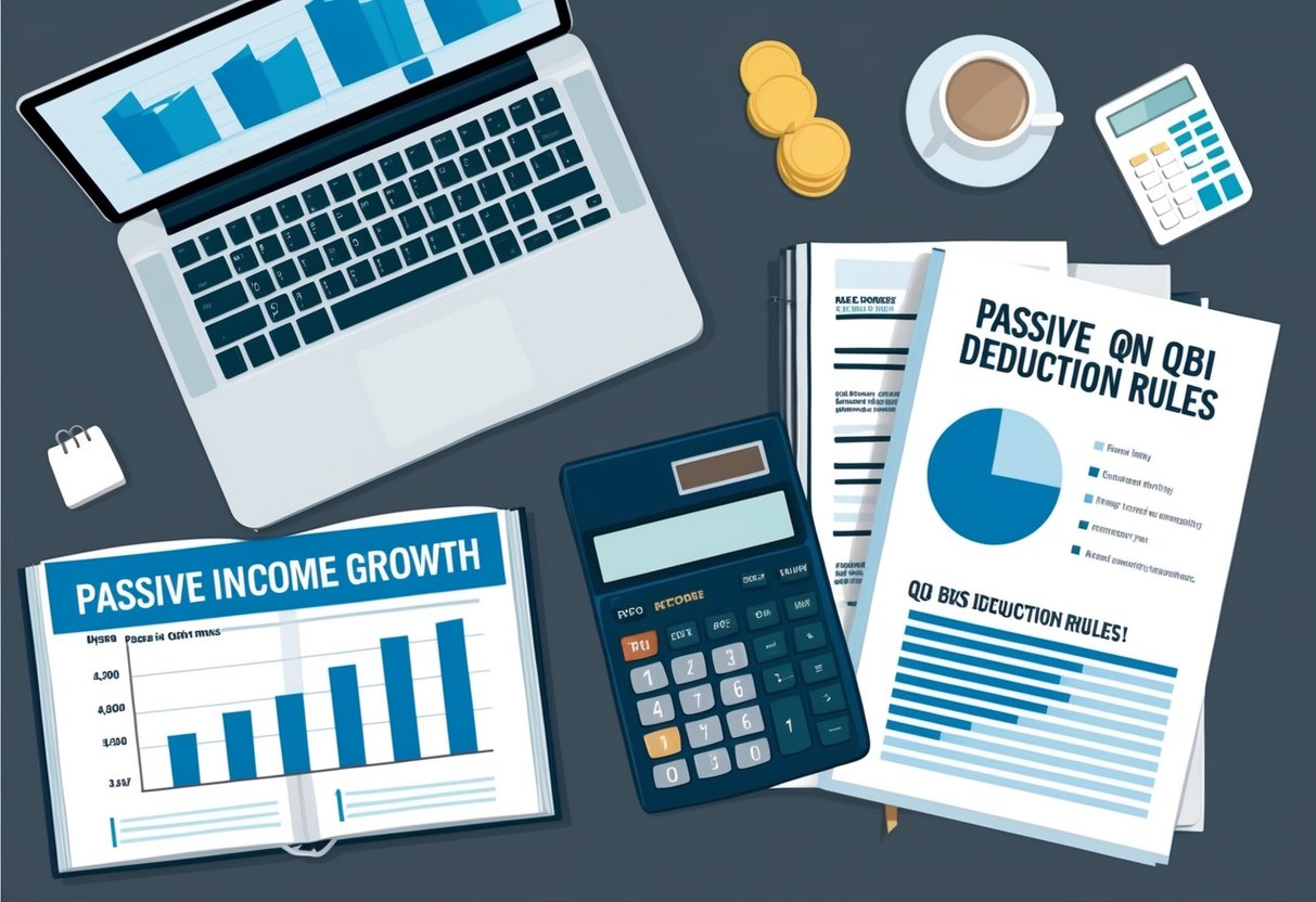 A desk with a laptop, calculator, and tax forms. A graph showing passive income growth. An open book on QBI deduction rules