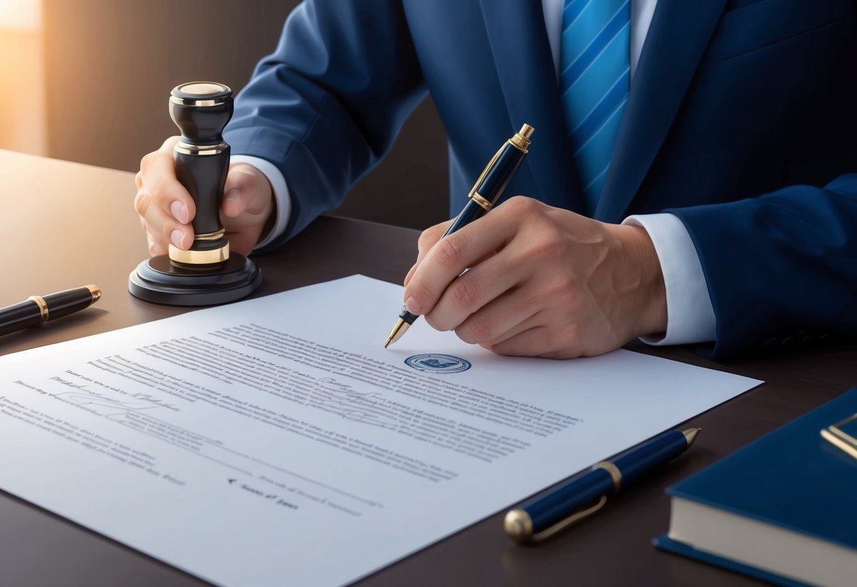 A legal document being signed with a notary stamp and a lawyer's desk with a pen and paper