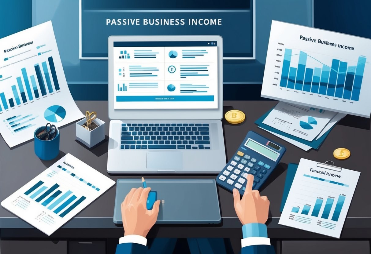 A modern office desk with financial documents, a calculator, and a laptop, surrounded by charts and graphs illustrating passive business income