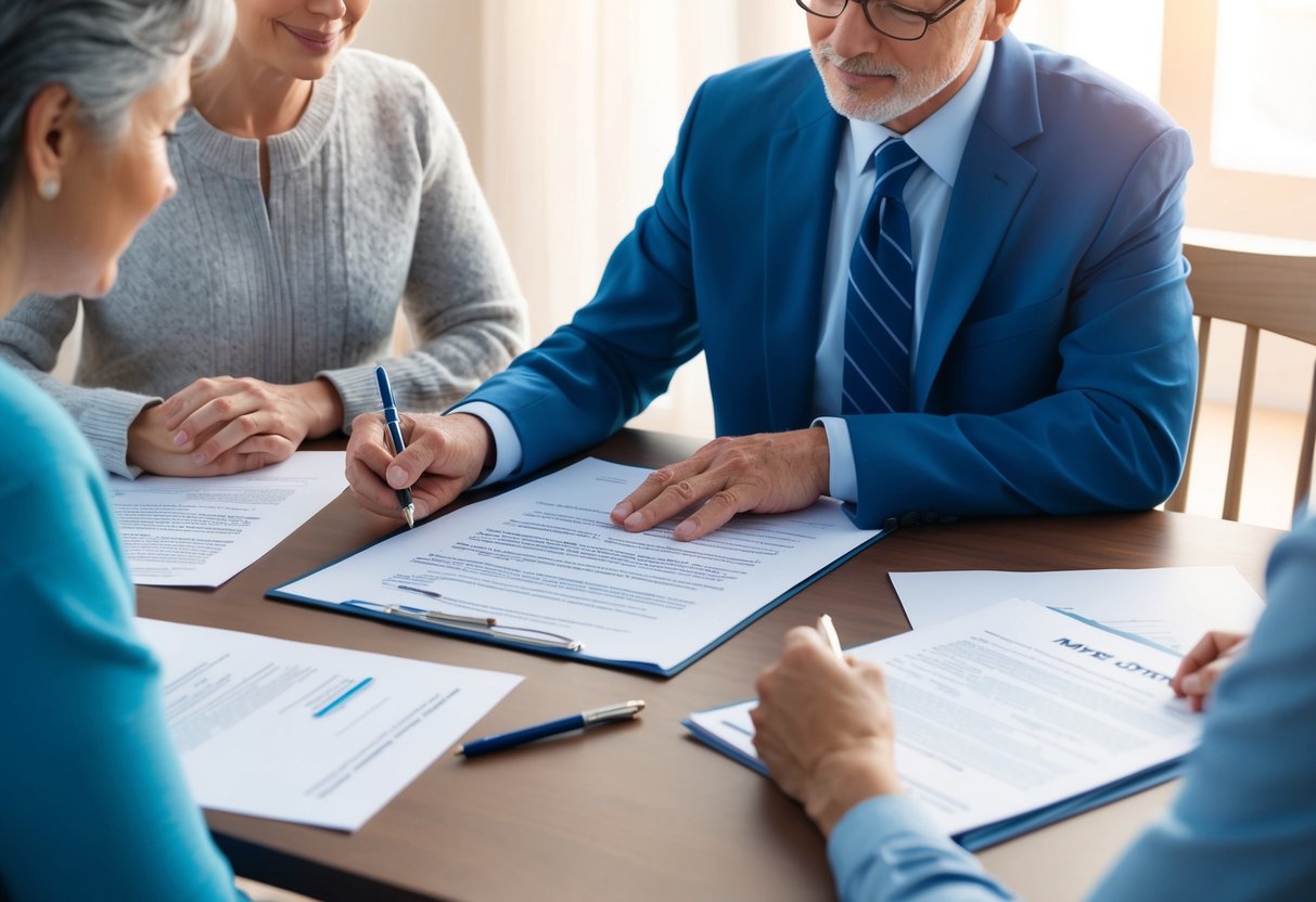 A person signing a legal document with a healthcare proxy and estate planning considerations, surrounded by paperwork and a supportive family member