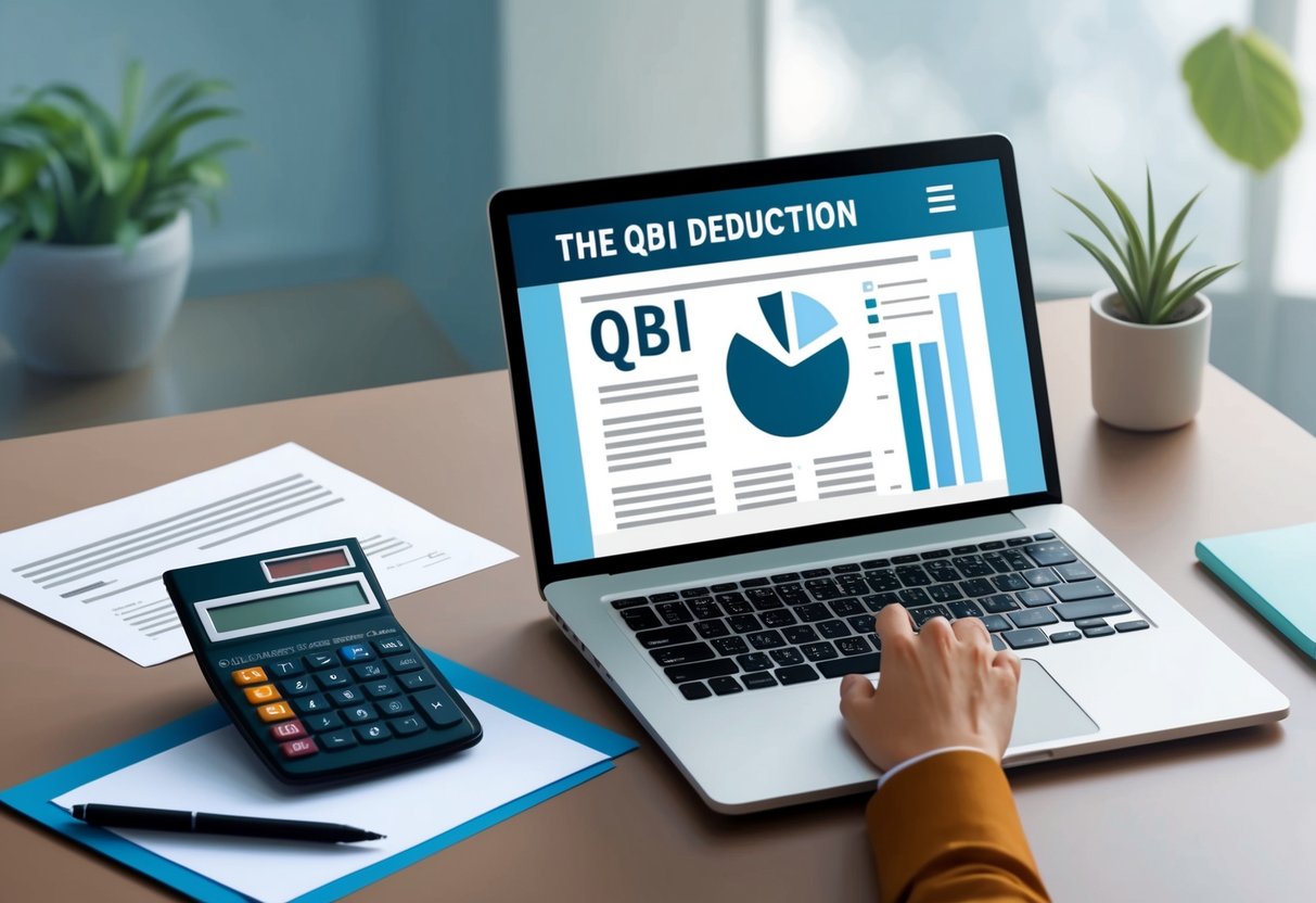 A serene office setting with a calculator, documents, and a laptop open to a webpage about the QBI deduction