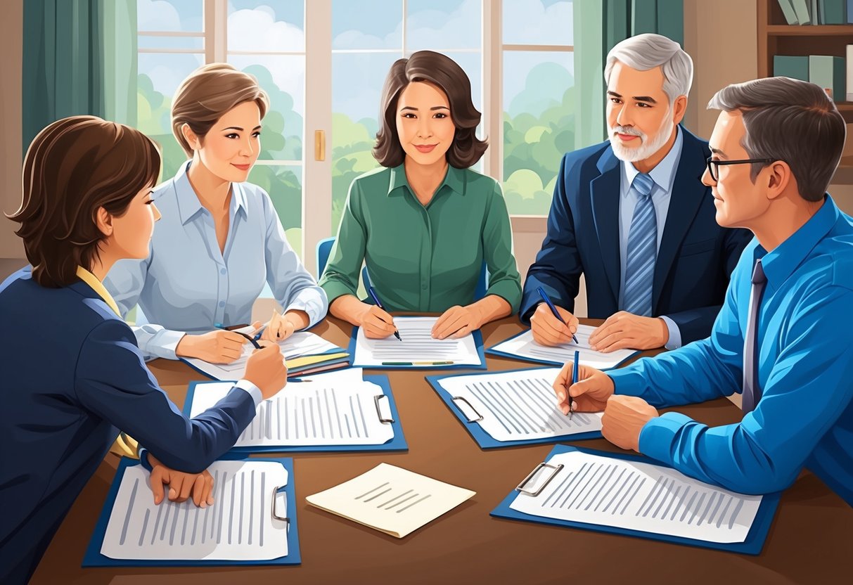 A family sitting around a table with legal documents, discussing and planning for the future care of their special needs dependents