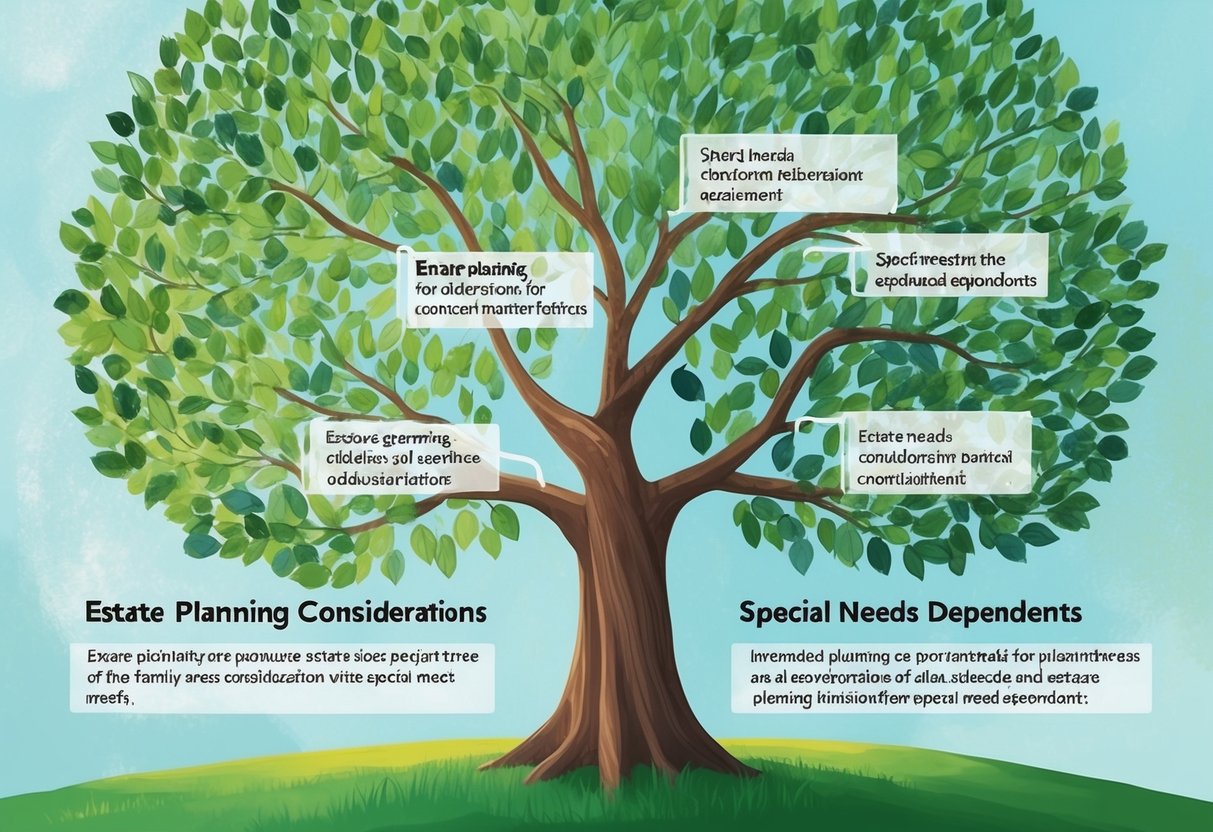 A family tree with branches representing different estate planning considerations for special needs dependents