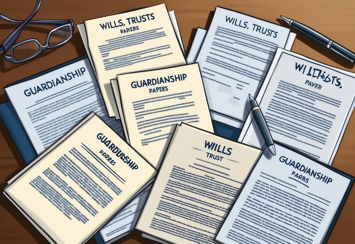 A group of legal documents, including wills, trusts, and guardianship papers, arranged on a desk with a pen and a pair of glasses