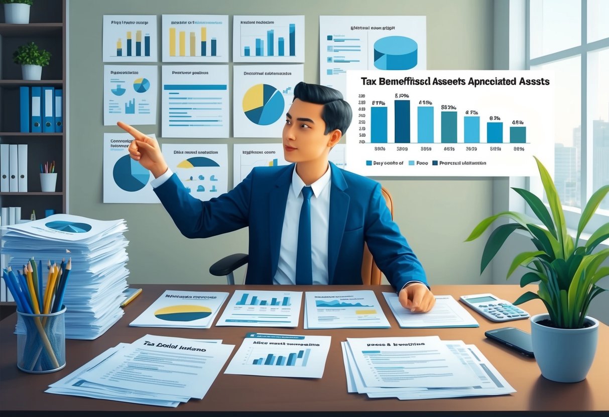 A person sitting at a desk, surrounded by financial documents and charts, pointing to a graph showing the tax benefits of donating appreciated assets from passive income