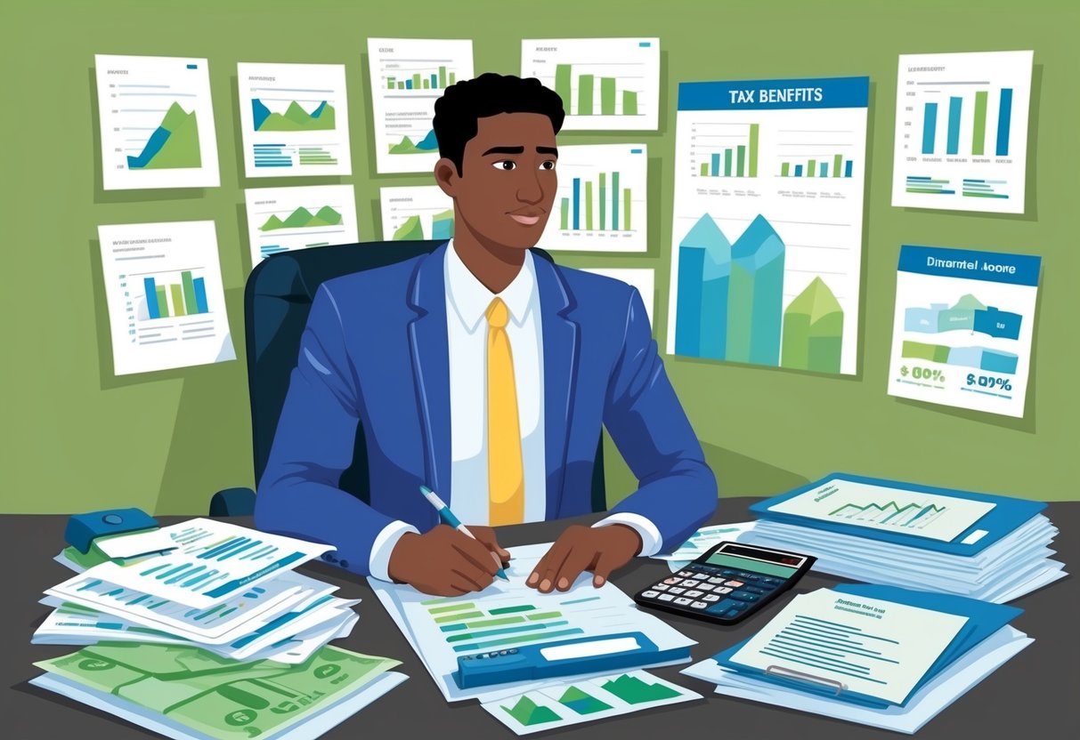 A person sitting at a desk, surrounded by financial documents and charts, with a calculator and pen in hand, contemplating the tax benefits of donating appreciated assets from passive income