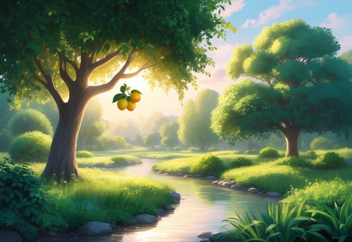 A serene, sunlit garden with a tree bearing ripe fruit, surrounded by a peaceful stream and lush greenery