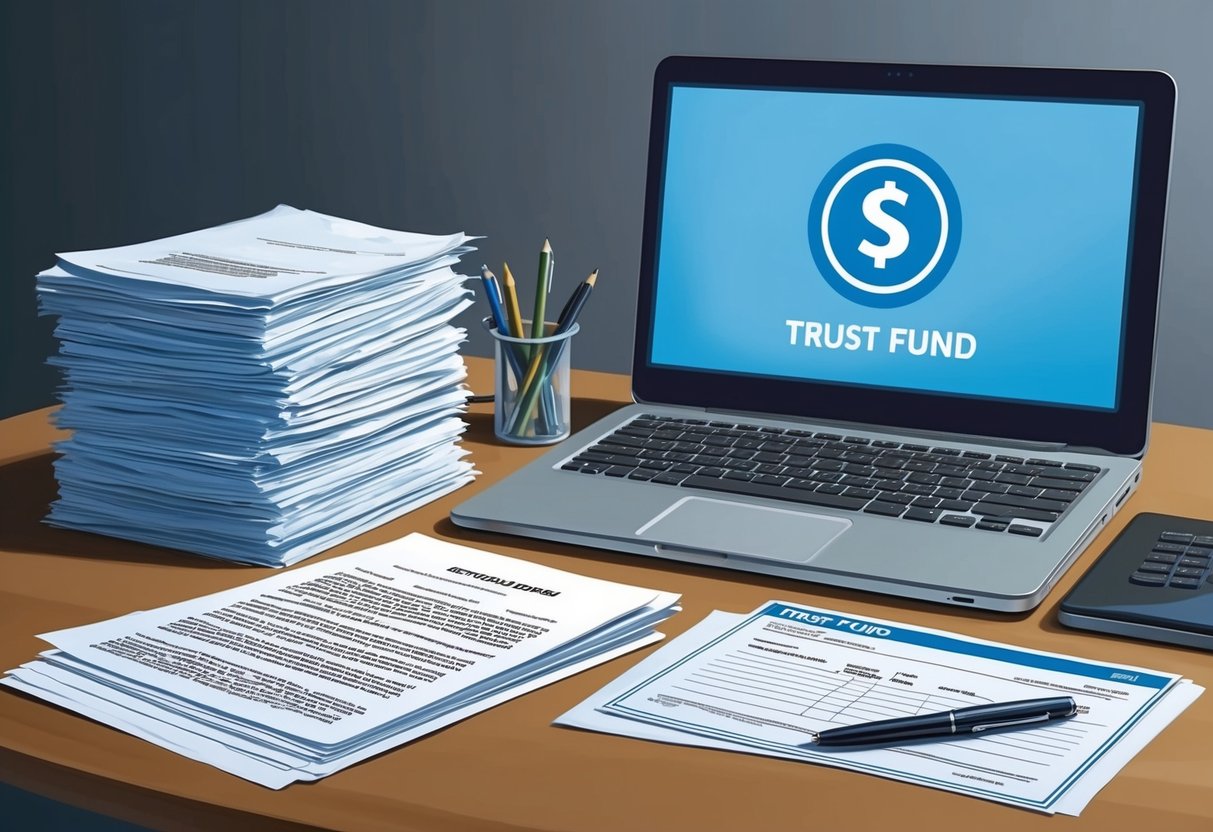 A desk with a laptop, legal documents, and a pen. A stack of financial papers and a bank statement. A trust fund symbol on a computer screen
