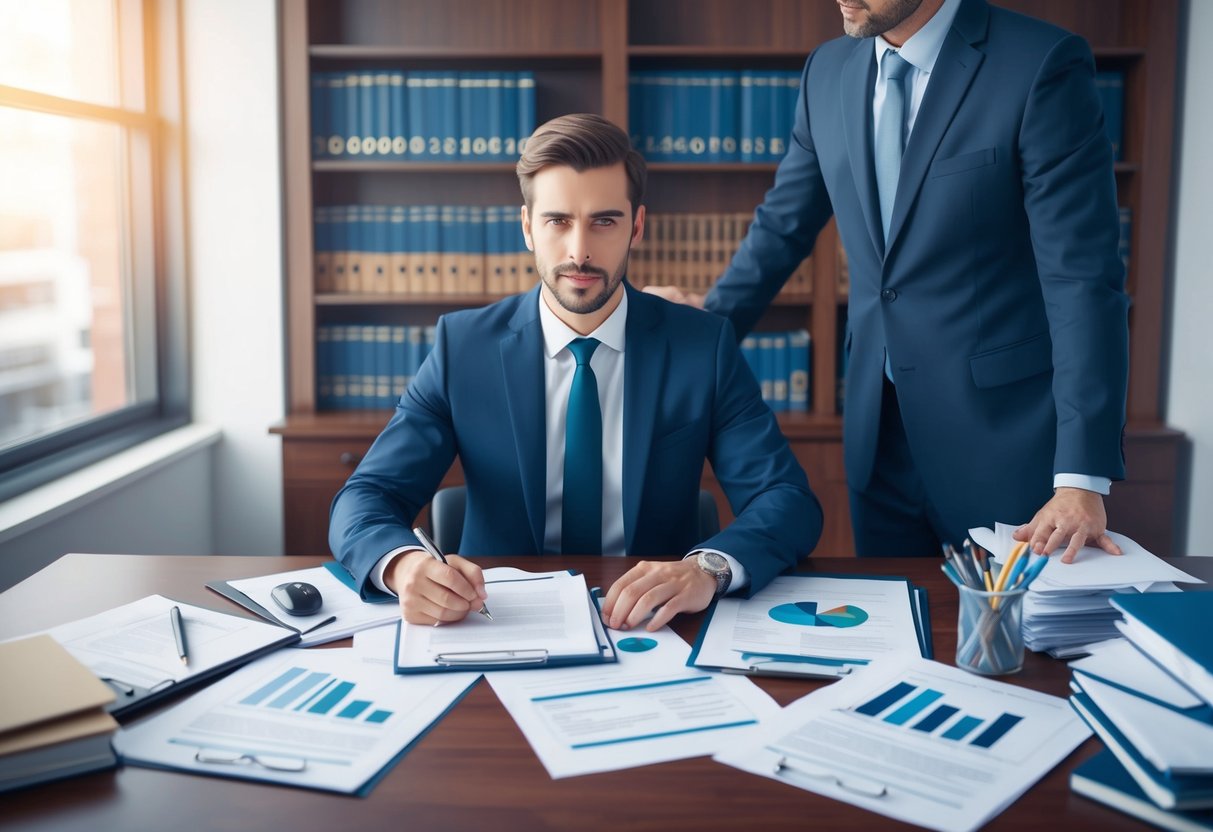 A person sitting at a desk, surrounded by legal documents and financial statements, consulting with an attorney about trust funding