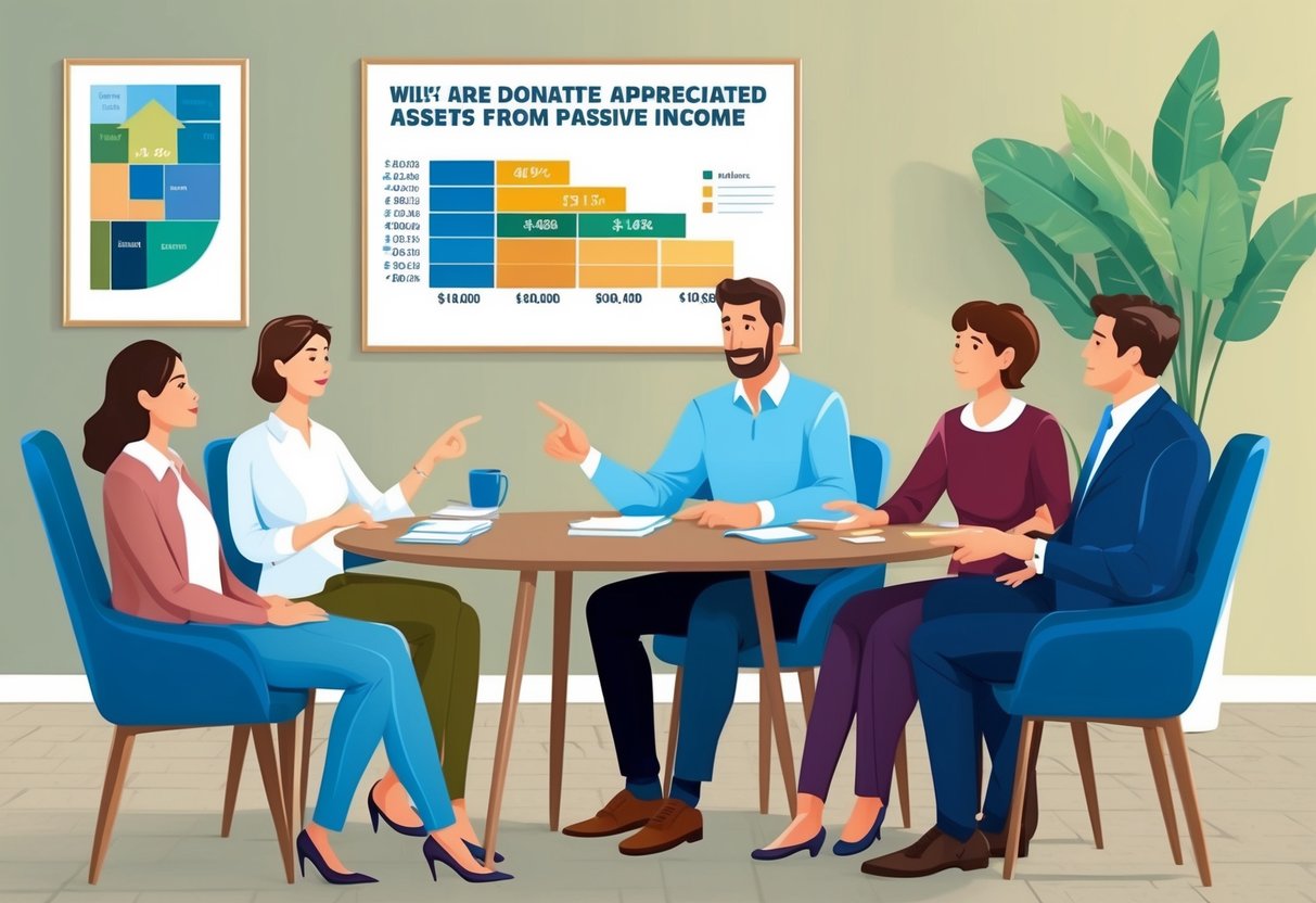 A family sitting around a table, discussing estate planning and taxes while pointing to a chart showing the tax benefits of donating appreciated assets from passive income
