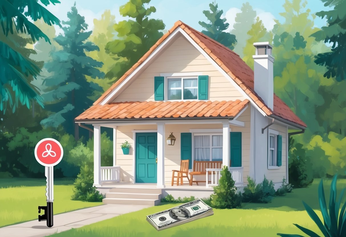 A cozy Airbnb rental with a key and money symbolizing tax obligations