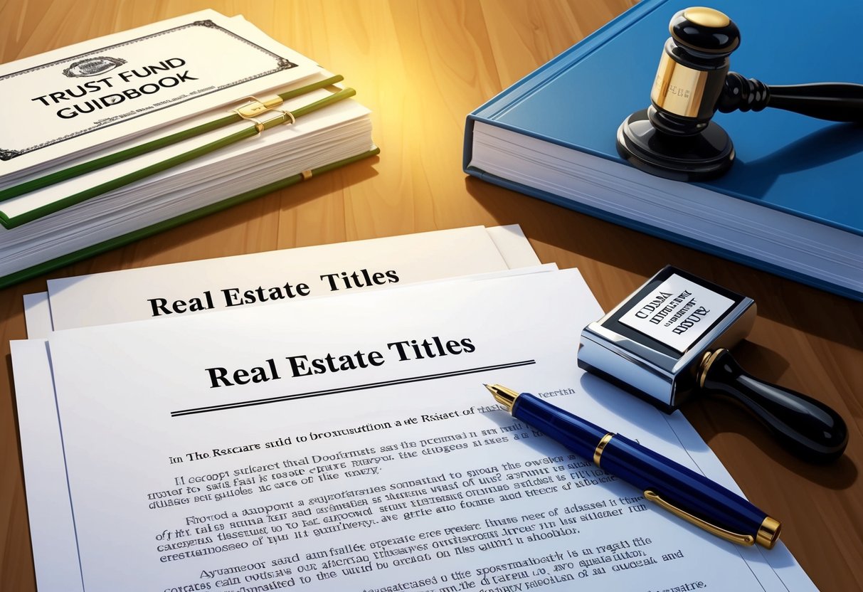 A table with legal documents, a pen, and a notary stamp. A stack of papers labeled "Real Estate Titles" sits next to a trust fund guidebook