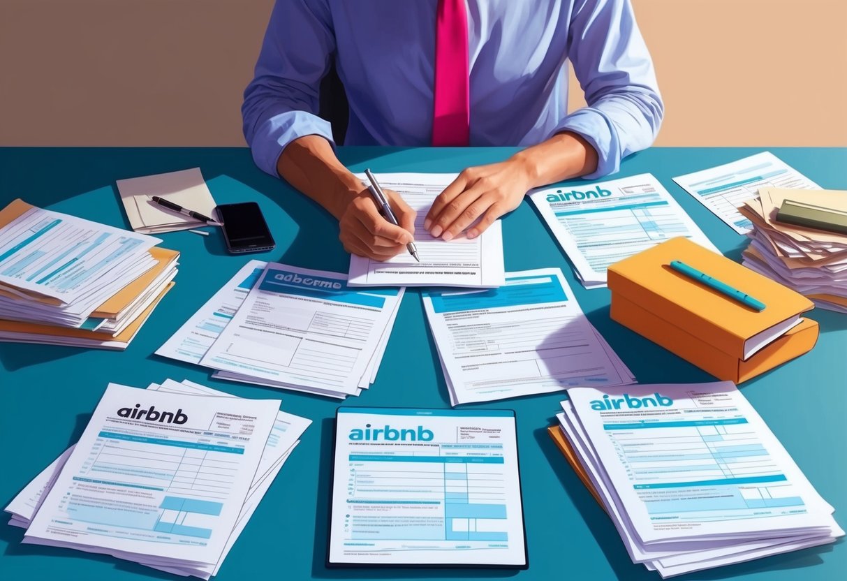 A person sitting at a desk, surrounded by tax forms and documents related to Airbnb and short-term rental income. The person is filling out forms and organizing paperwork