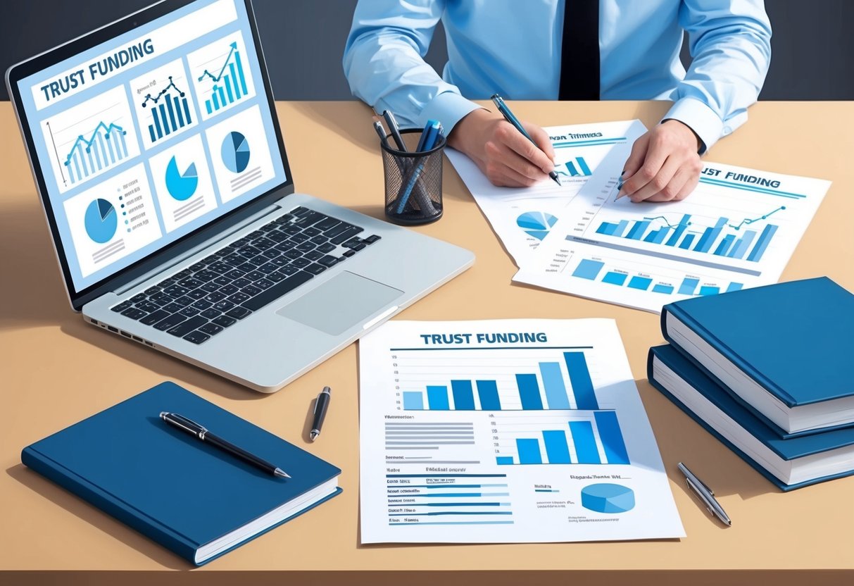 A desk with a laptop, legal documents, and financial charts. A pen and notepad sit nearby, along with a stack of books on trust funding