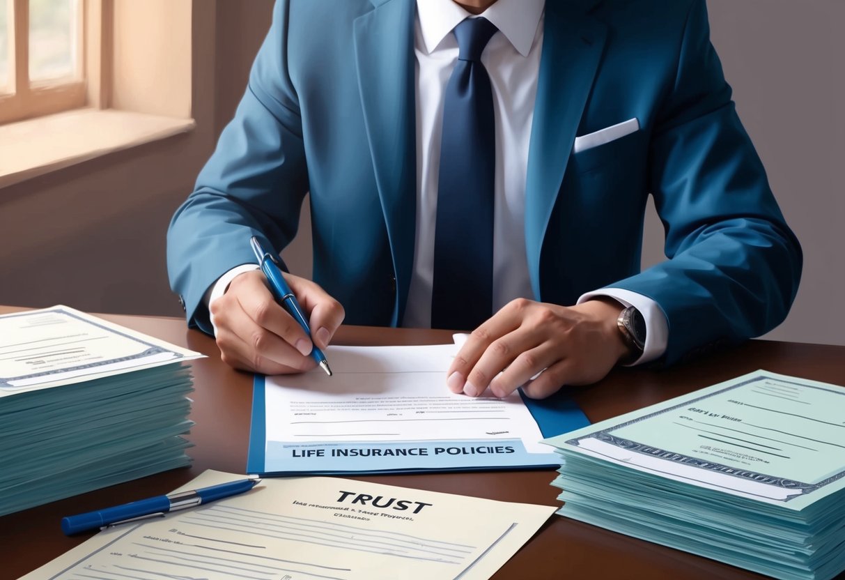 A person sitting at a desk, signing documents and writing checks to fund a trust. A stack of life insurance policies and a trust document are visible on the desk