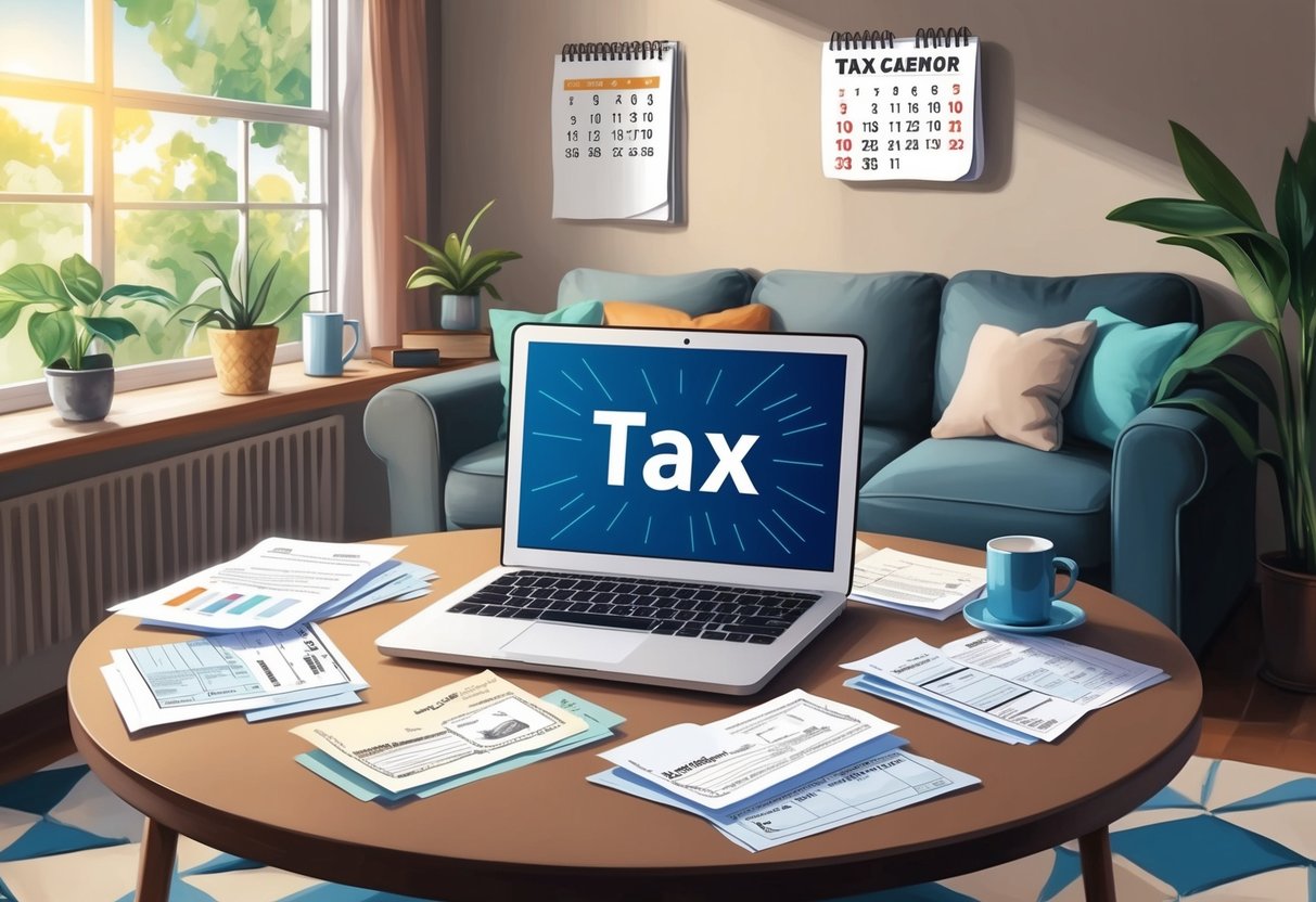 A cozy living room with a laptop open on a table, surrounded by tax documents and receipts. A calendar on the wall shows the approaching tax deadline