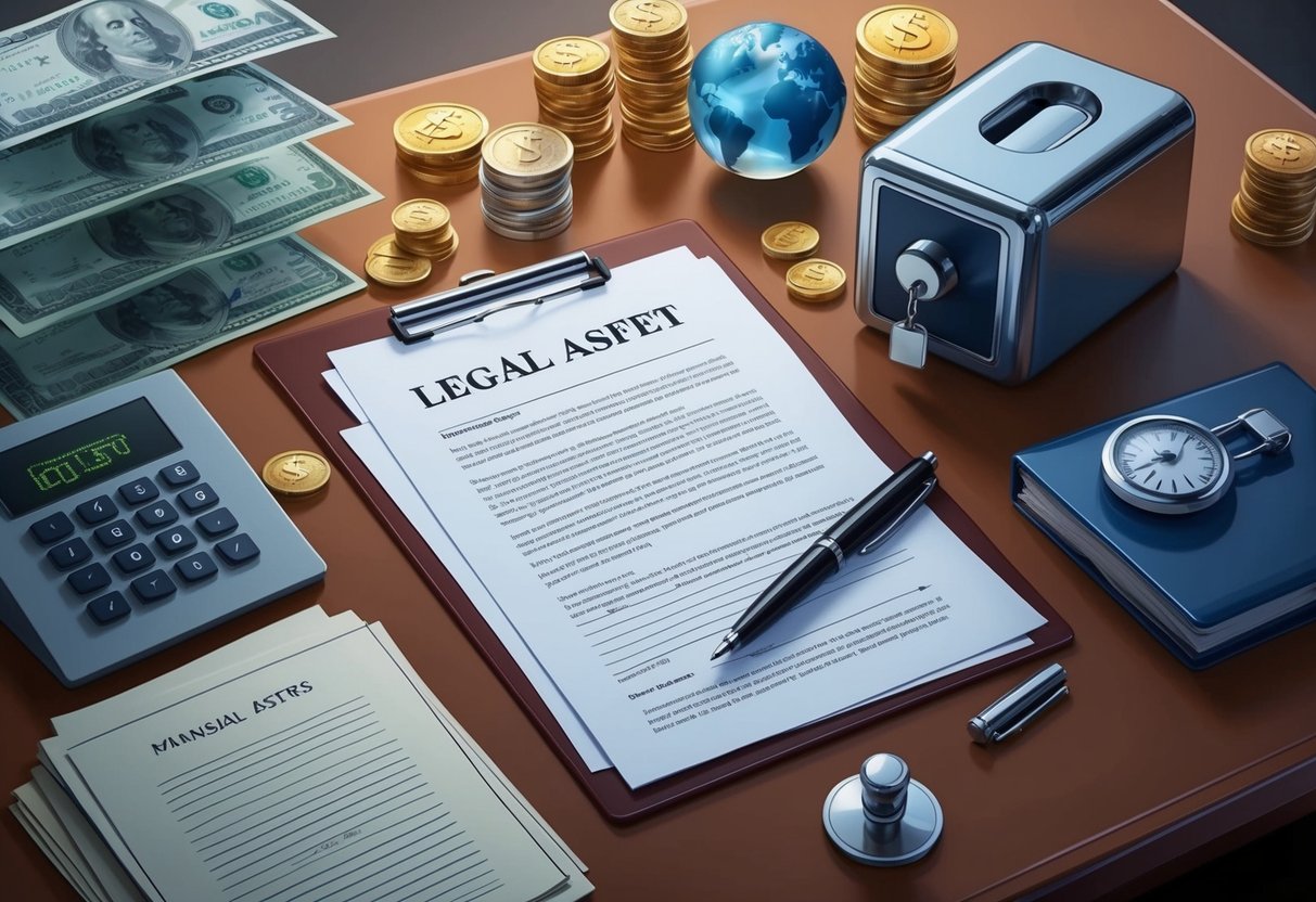 A desk with a pen, legal documents, and a safe, surrounded by financial assets and valuable personal property