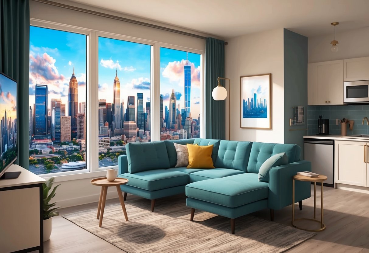 A cozy living room with a welcoming sofa bed, a stylish kitchenette, and a scenic view of a bustling city skyline through the window