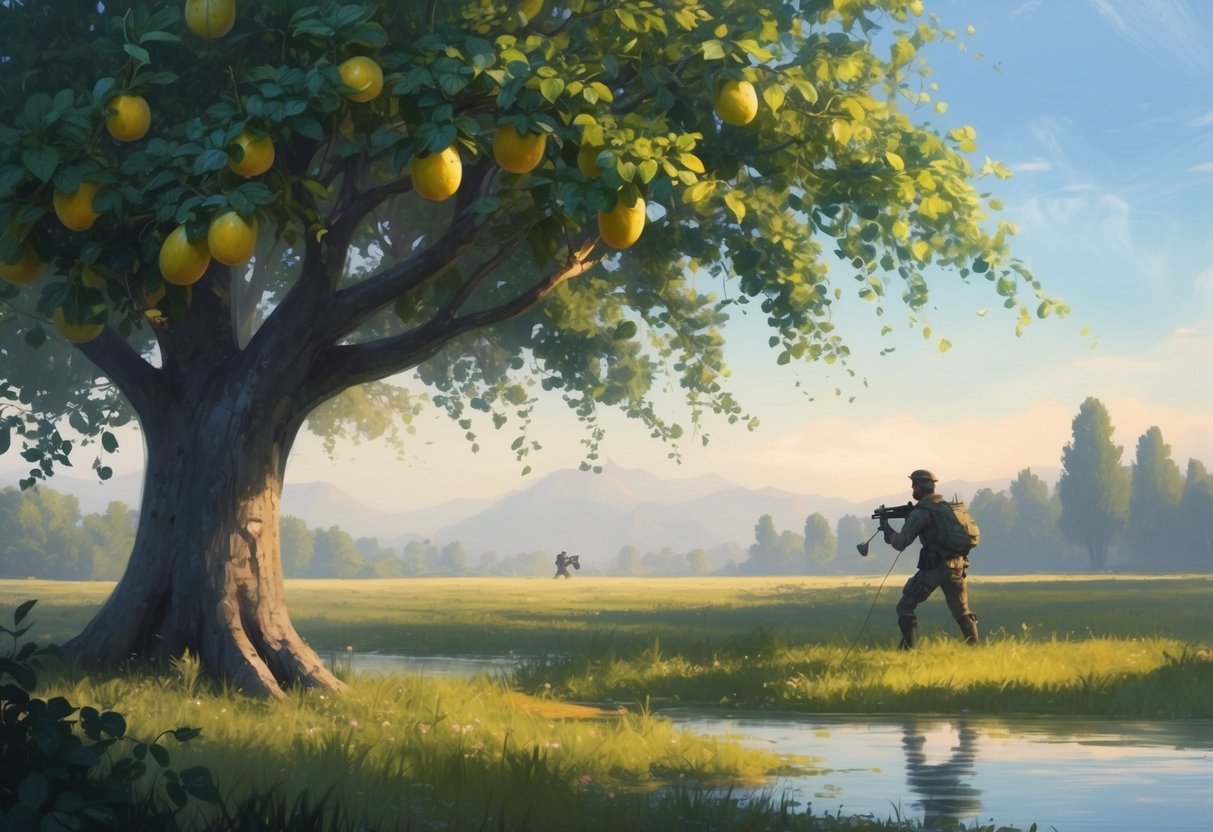 A serene landscape with a tree bearing fruit, while a figure in the background engages in strategic loss harvesting