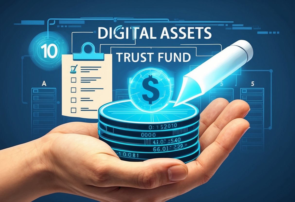 A hand placing digital assets into a trust fund, with a checklist of 10 steps in the background