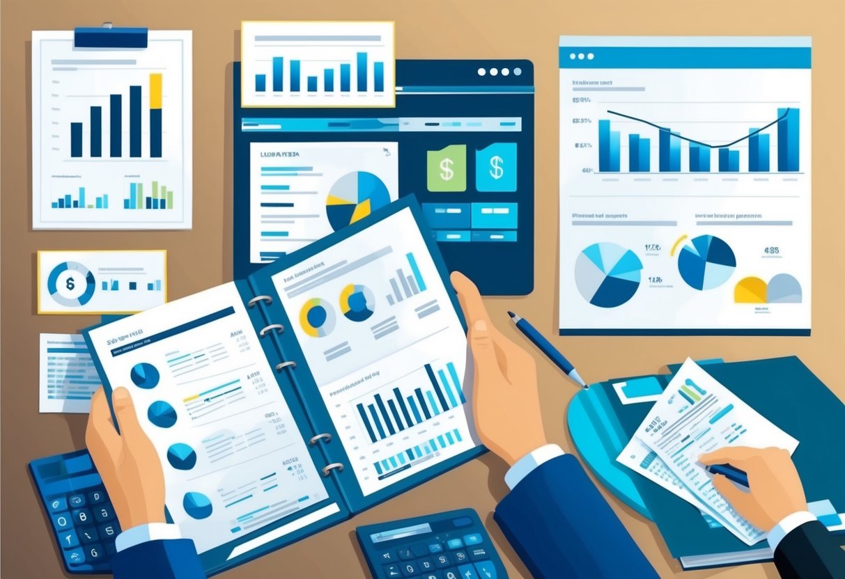 A person reviewing financial documents, with charts and graphs, while strategically selling investments to offset passive income through tax-loss harvesting