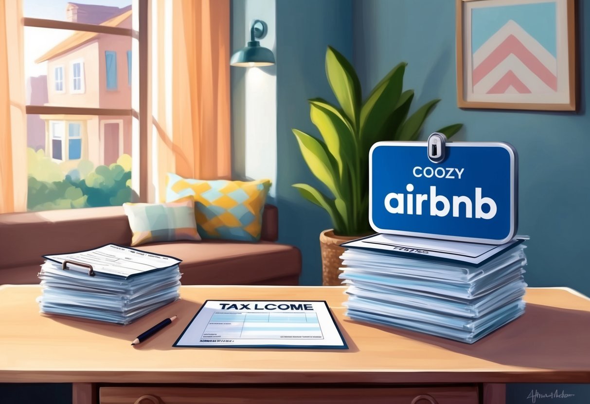 A cozy Airbnb rental with a key lockbox, a welcome sign, and a stack of tax forms on a desk