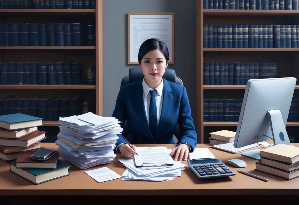 A person sitting at a desk with a pile of documents, calculator, and computer, surrounded by legal and financial books