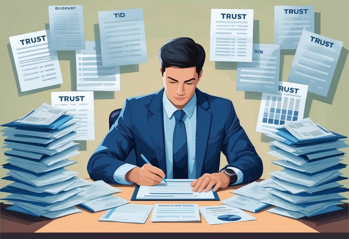 A person sitting at a desk, surrounded by paperwork and financial documents, reviewing and organizing trust documents