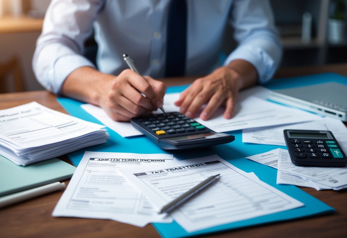 A person filling out tax forms for Airbnb and short-term rental income, with a calculator and receipts spread out on a desk
