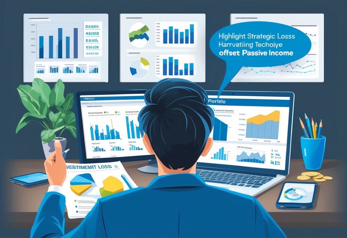 A person reviewing investment portfolios with charts and graphs, highlighting strategic loss harvesting techniques to offset passive income