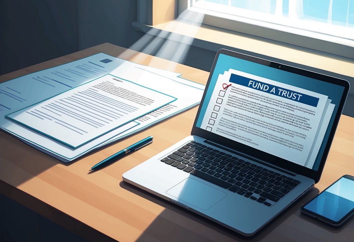 A desk with legal documents, a pen, and a laptop. A checklist of 10 steps to fund a trust. Light streaming in from a window