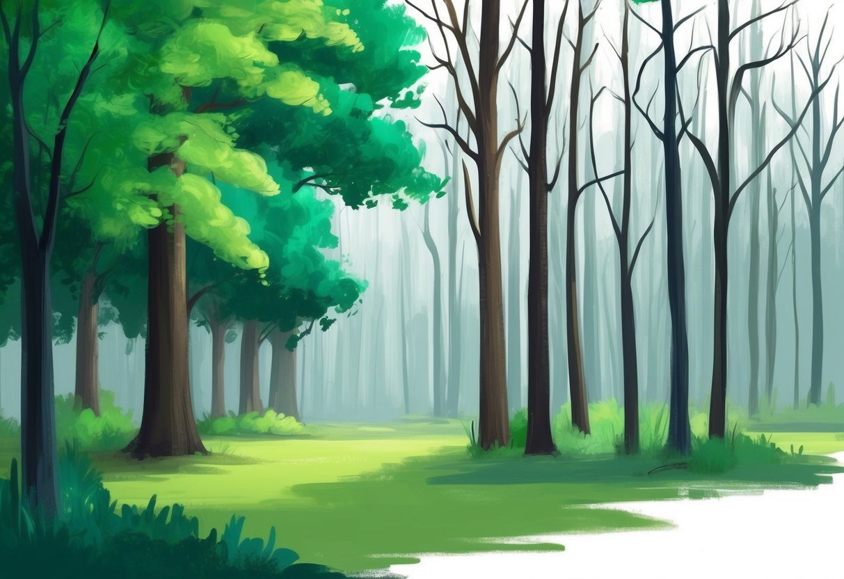 A serene forest with a mix of lush green foliage and bare trees, depicting the concept of offsetting gains with strategic losses