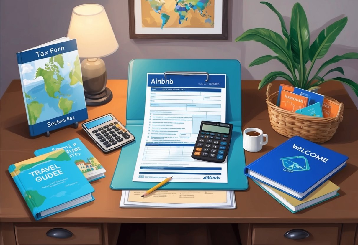 A cozy Airbnb rental with a tax form and calculator on a desk, surrounded by travel guides and a welcome basket