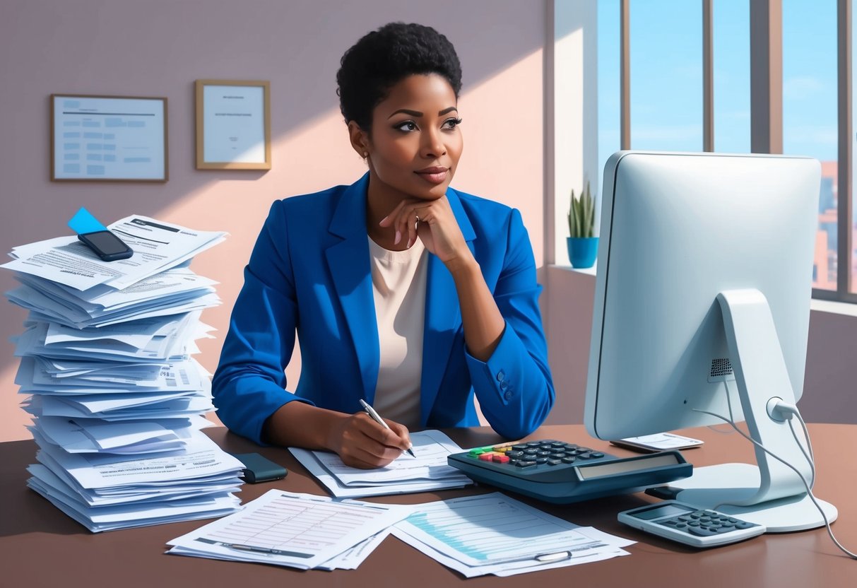 A person sitting at a desk surrounded by tax documents, calculator, and computer, with a thoughtful expression while strategizing passive income offset with loss harvesting