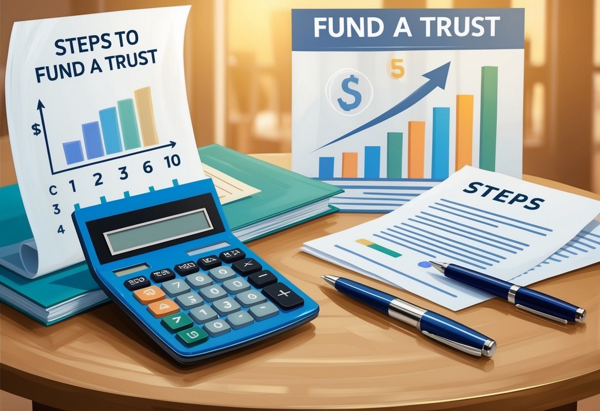 A desk with a pen, calculator, and documents. A chart showing steps to fund a trust. Financial symbols in the background