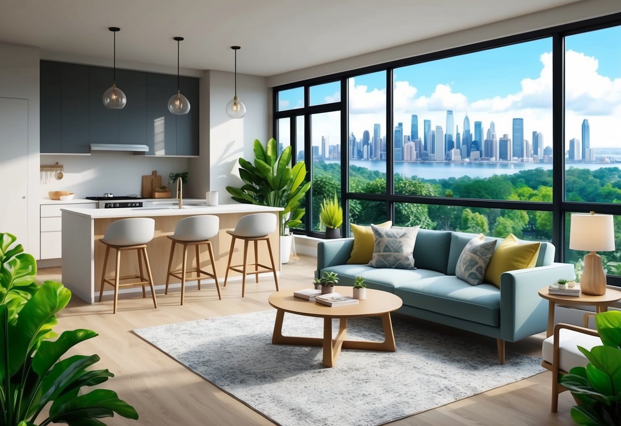 A cozy Airbnb rental with a modern kitchen and living area, surrounded by lush greenery and a scenic view of the city skyline
