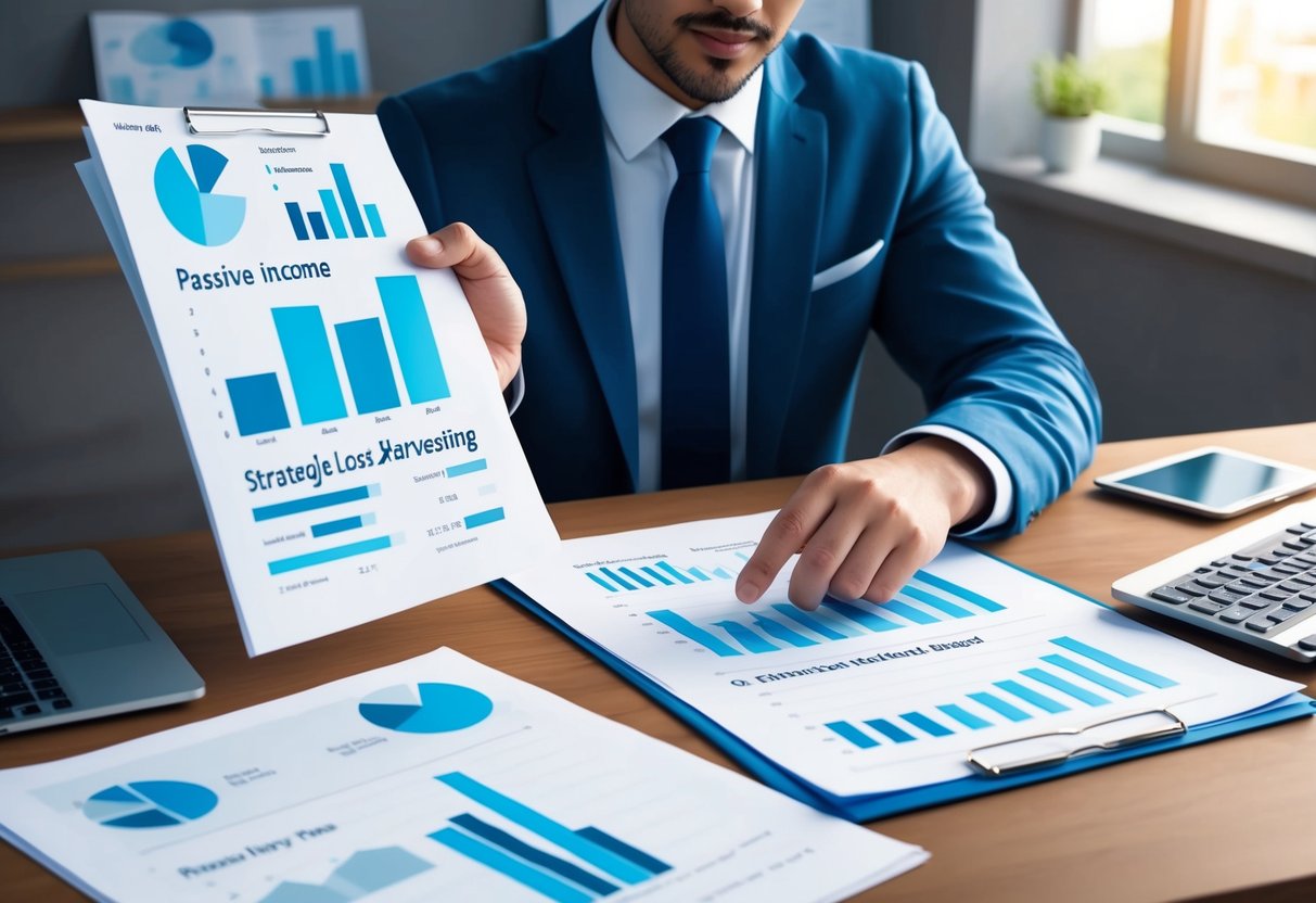 A person reviewing financial documents at a desk, with charts and graphs showing passive income and strategic loss harvesting