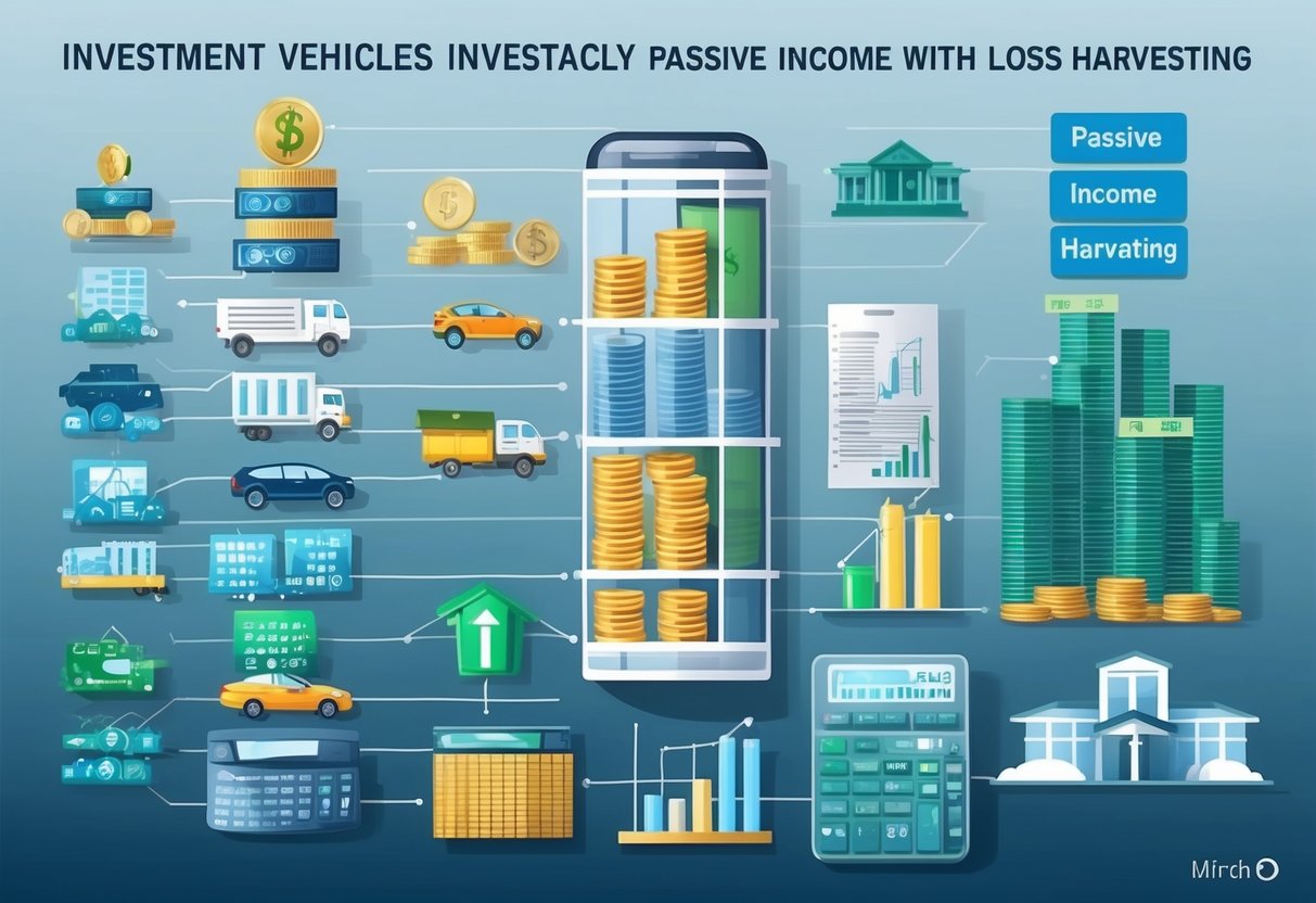 A diverse array of investment vehicles strategically offsetting passive income with loss harvesting