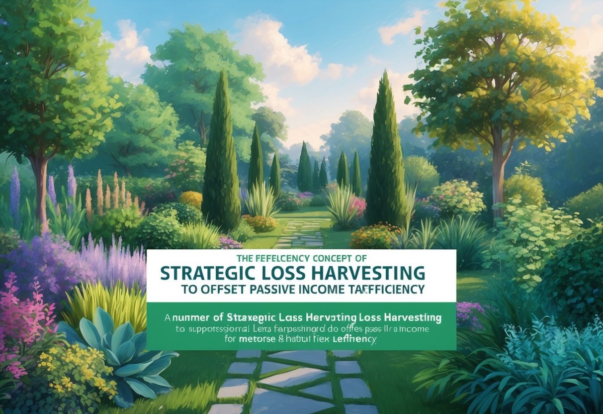 A serene garden with a variety of plants and trees, showcasing the concept of strategic loss harvesting to offset passive income for tax efficiency