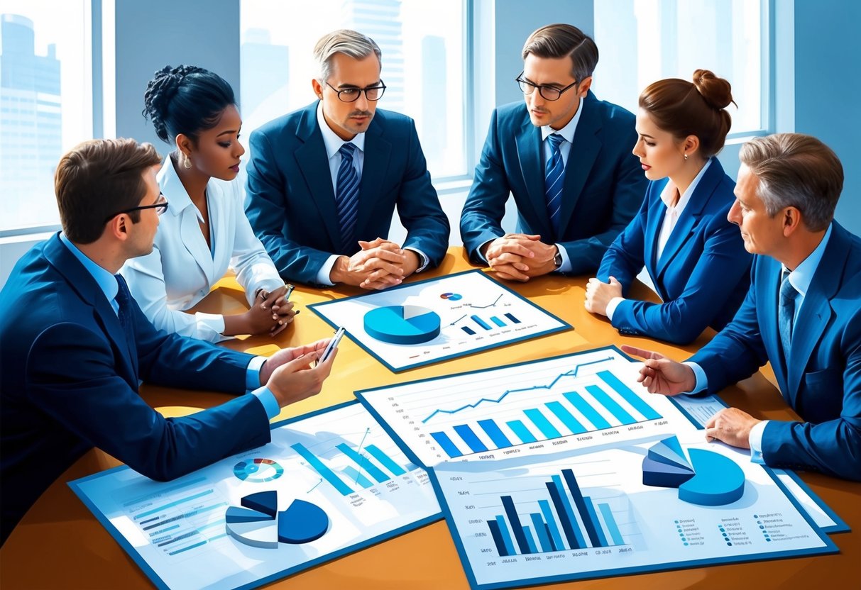 A group of financial professionals discussing strategies around a table, with charts and graphs spread out in front of them