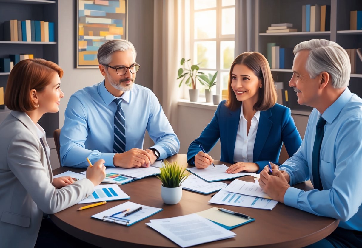 A family sitting around a table, discussing and planning their estate with a lawyer, papers and pens scattered around