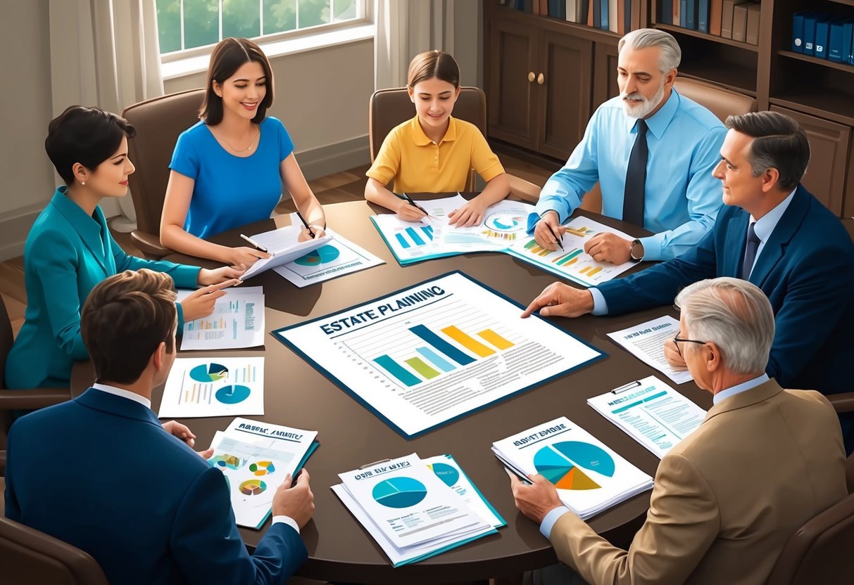 A family sitting around a table, discussing estate planning documents and strategies with a lawyer. Documents and charts are spread out on the table