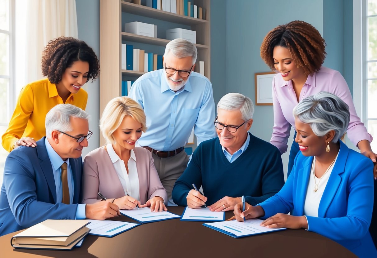 A group of family members peacefully discussing estate planning documents and signing a power of attorney in a well-lit, organized room