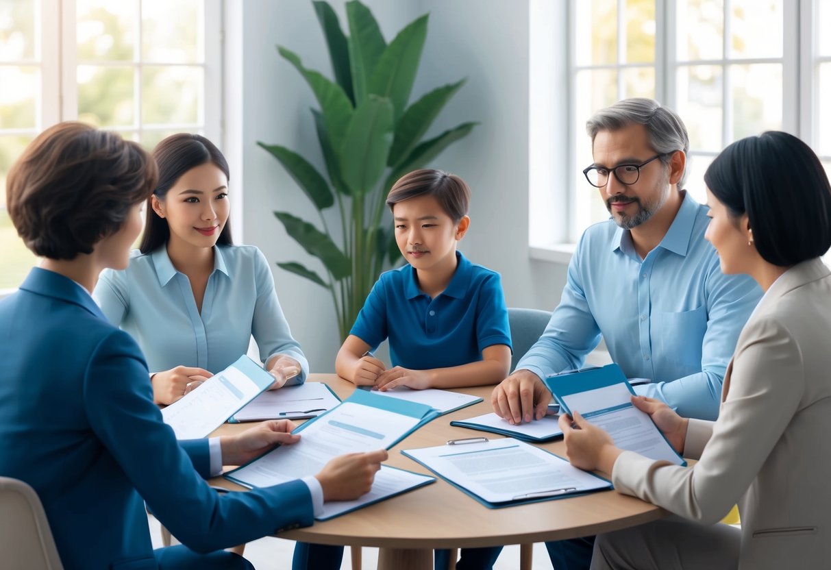A family sitting around a table with a lawyer, discussing documents and assets. They are engaged in a calm and productive conversation