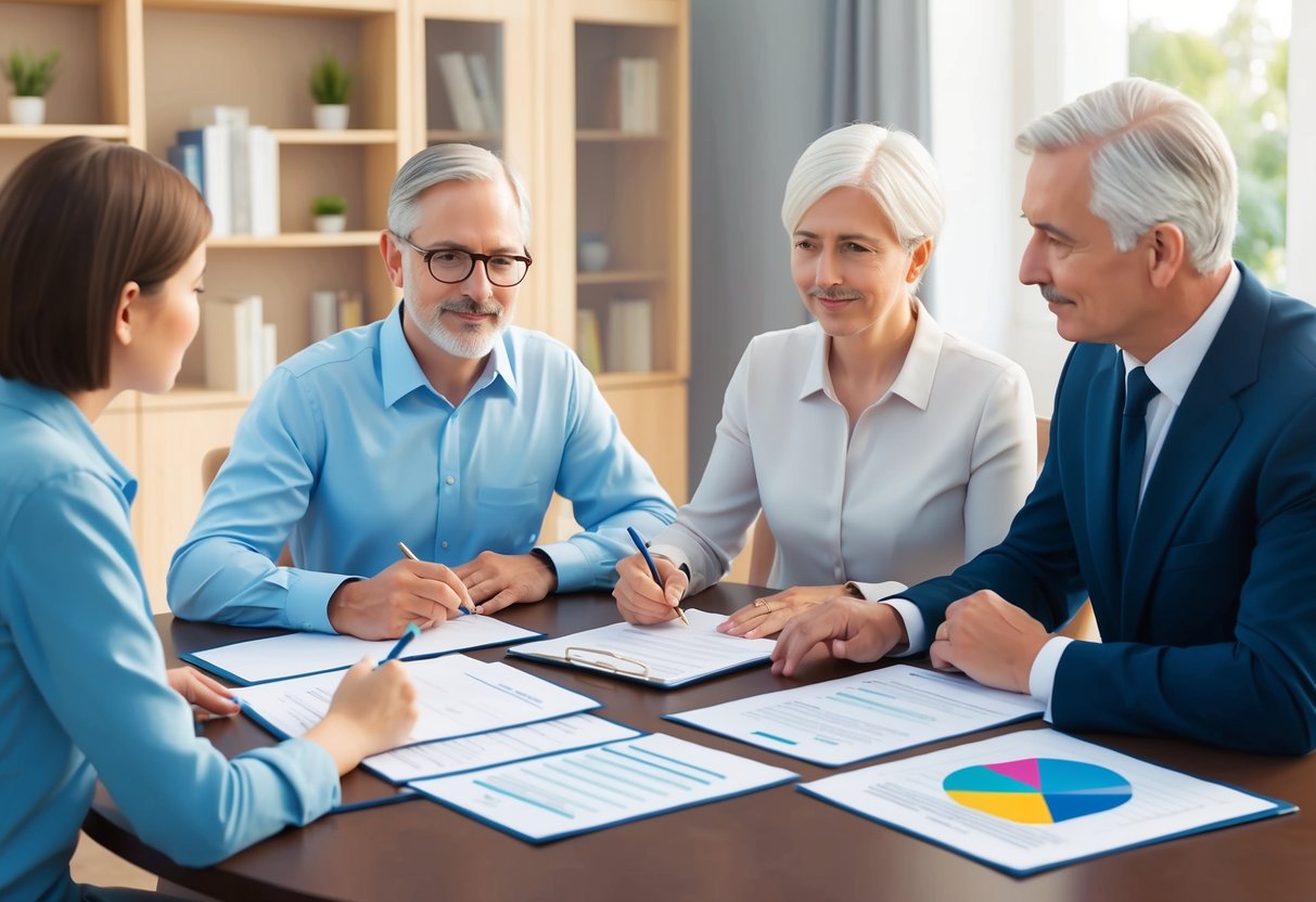 A family gathered around a table, discussing estate planning documents with a lawyer in a calm and respectful manner