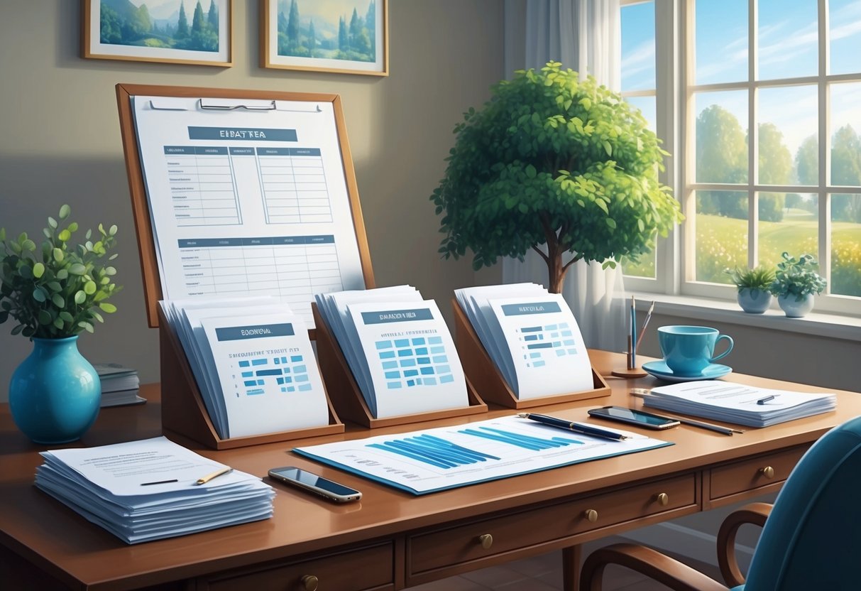 A desk with neatly arranged financial documents and a family tree chart, surrounded by peaceful and harmonious surroundings